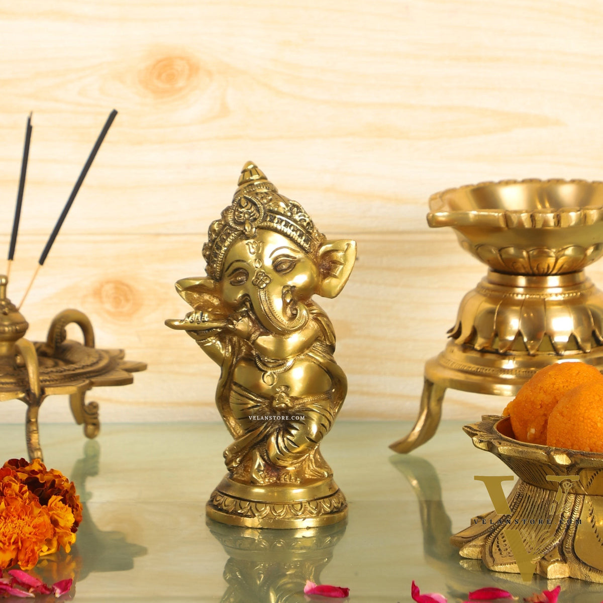 Baby Flute Ganesha Brass Idol - Golden | BudhShiv
