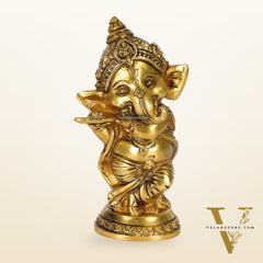 Baby Flute Ganesha Brass Idol - Golden | BudhShiv