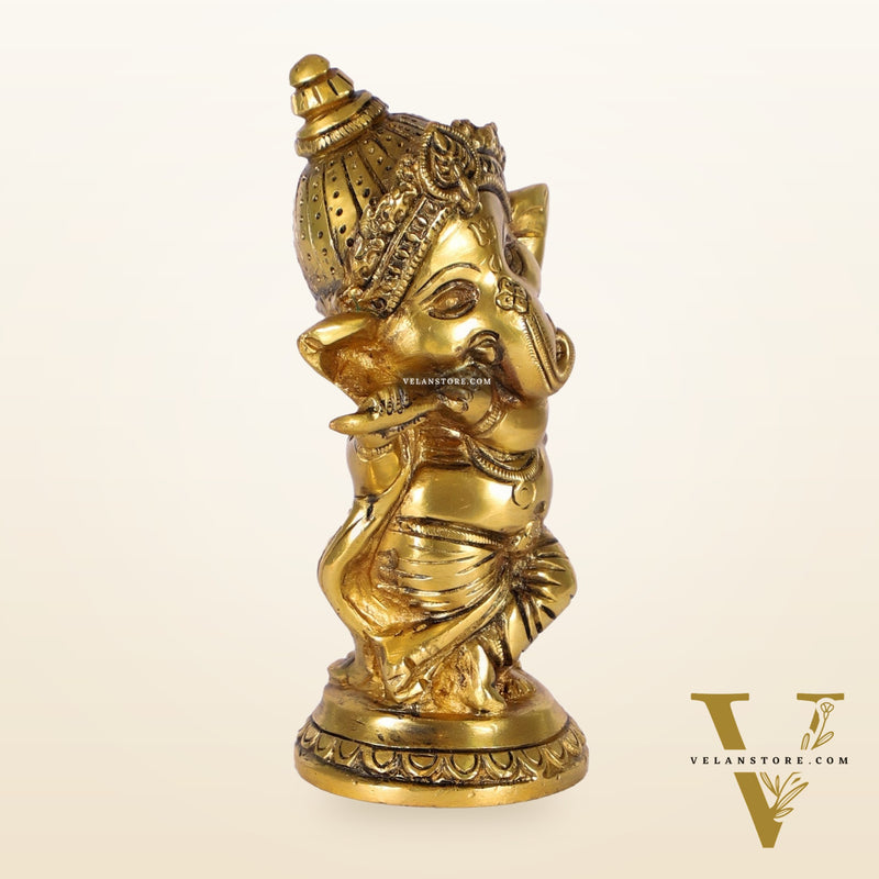 Baby Flute Ganesha Brass Idol - Golden | BudhShiv