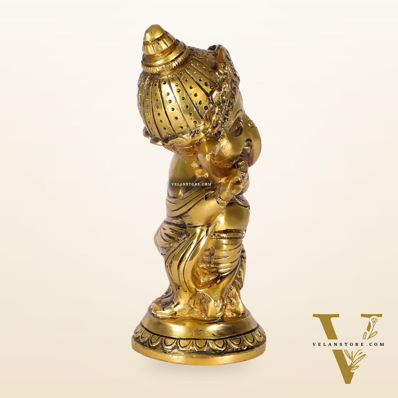 Baby Flute Ganesha Brass Idol - Golden | BudhShiv