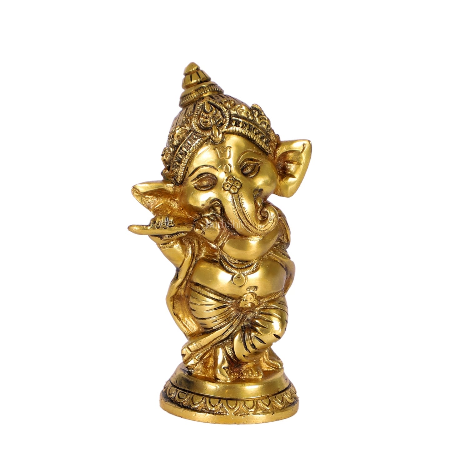 Baby Flute Ganesha Brass Idol - Golden | BudhShiv