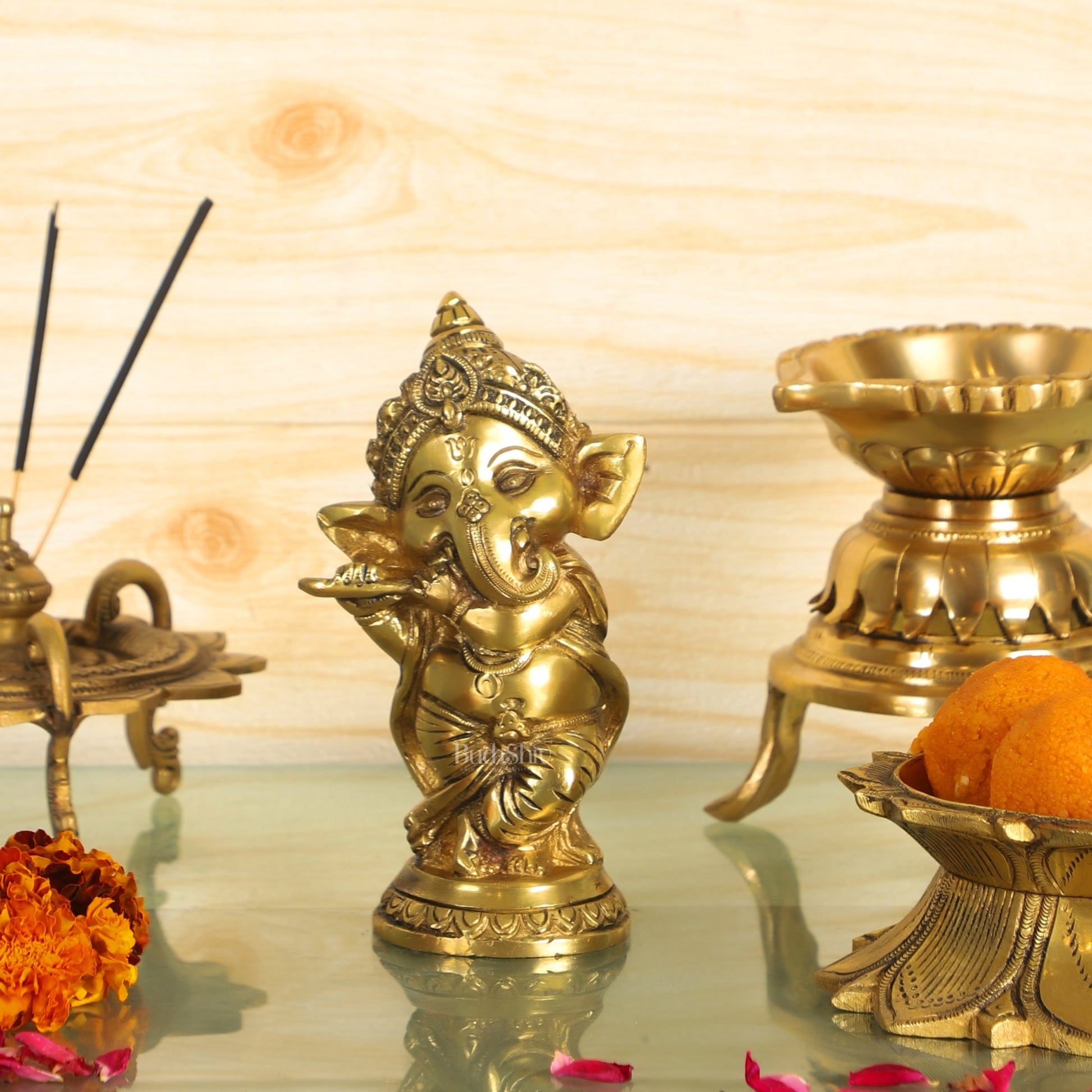 Baby Flute Ganesha Brass Idol - Golden | BudhShiv
