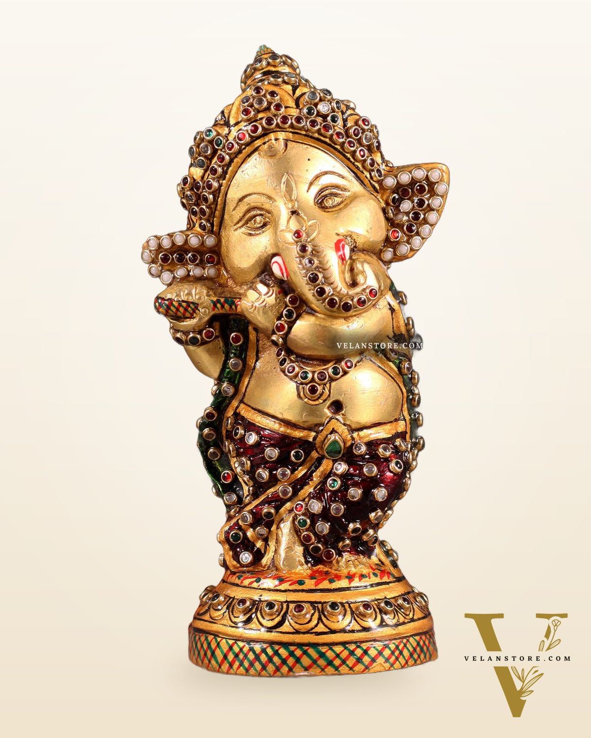 Baby Flute Ganesha Brass Idol laakh meenakari 5.5"