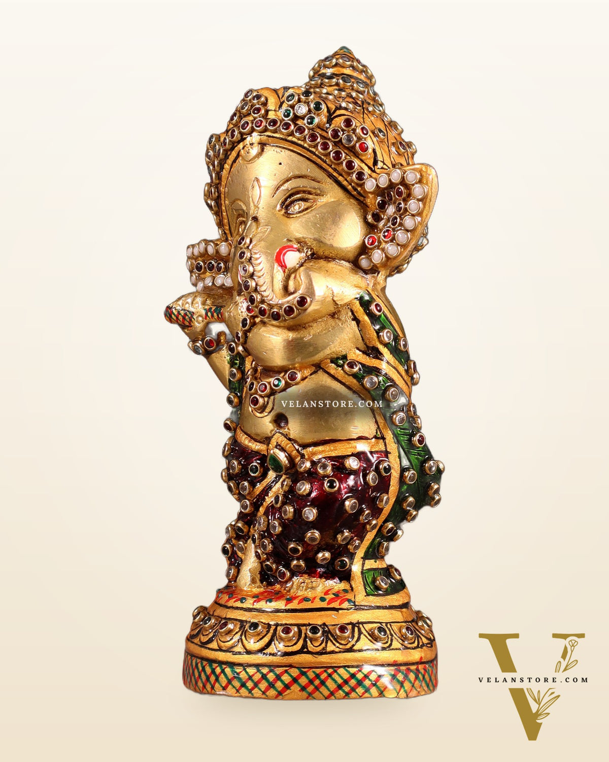Baby Flute Ganesha Brass Idol laakh meenakari 5.5"