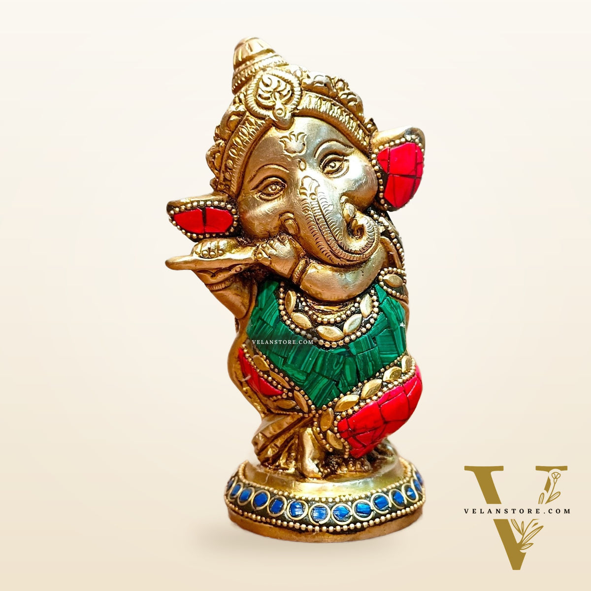 Baby Flute Ganesha Brass Idol - Perfect for Office Desk, Study Table, Temple - stonework