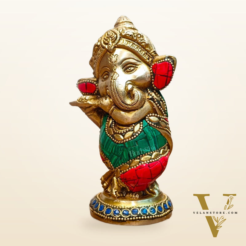 Baby Flute Ganesha Brass Idol - Perfect for Office Desk, Study Table, Temple - stonework
