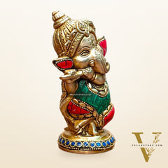Baby Flute Ganesha Brass Idol - Perfect for Office Desk, Study Table, Temple - stonework