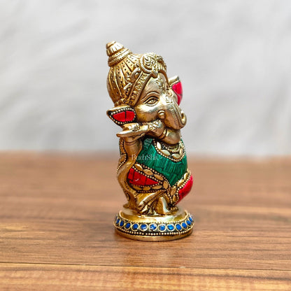 Baby Flute Ganesha Brass Idol - Perfect for Office Desk, Study Table, Temple - stonework