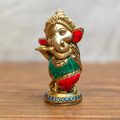 Baby Flute Ganesha Brass Idol - Perfect for Office Desk, Study Table, Temple - stonework