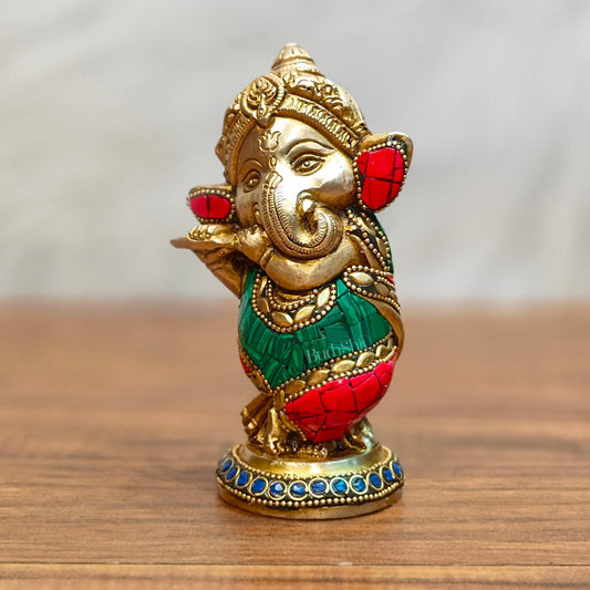 Baby Flute Ganesha Brass Idol - Perfect for Office Desk, Study Table, Temple - stonework