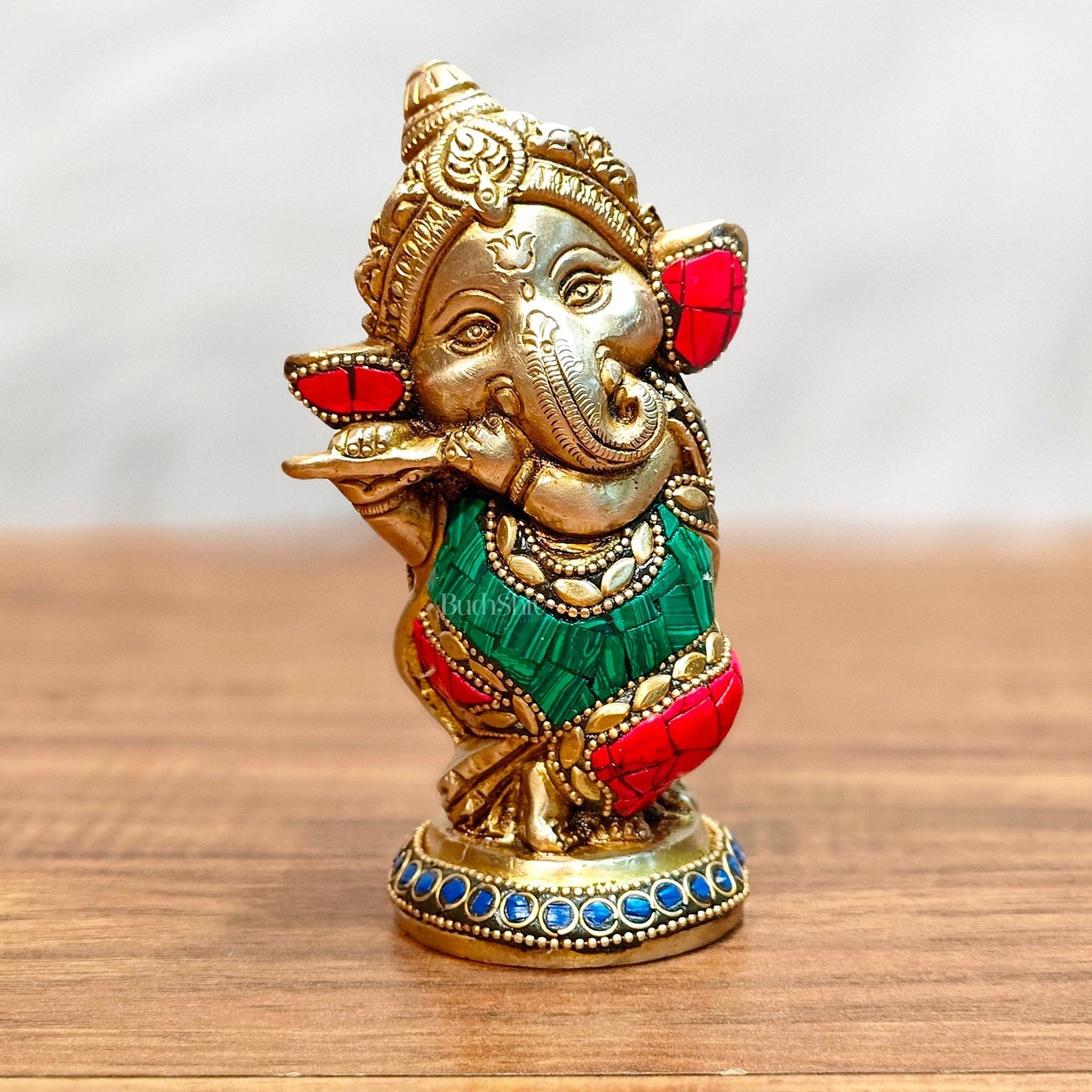 Baby Flute Ganesha Brass Idol - Perfect for Office Desk, Study Table, Temple - stonework