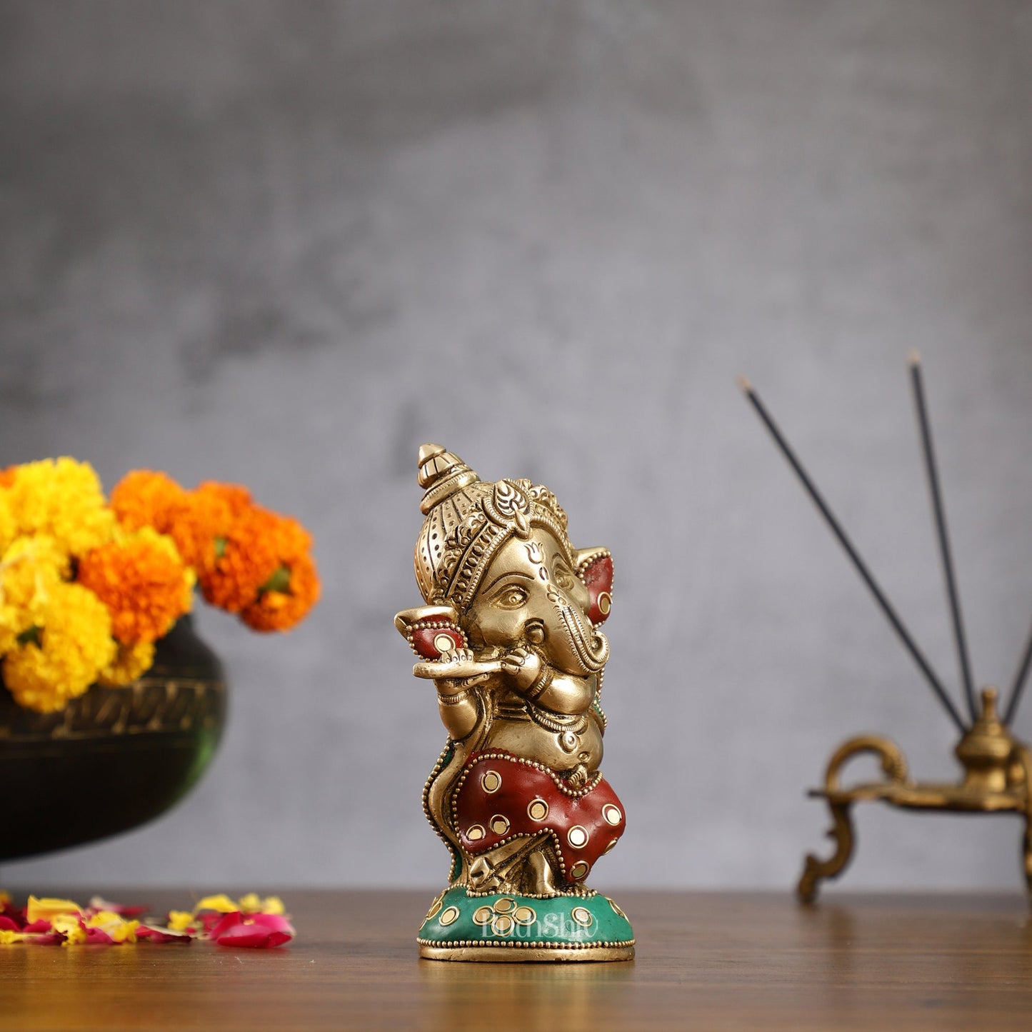 Baby Flute Ganesha Brass Idol - Perfect for Office Desk, Study Table, Temple - stonework