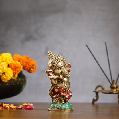 Baby Flute Ganesha Brass Idol - Perfect for Office Desk, Study Table, Temple - stonework
