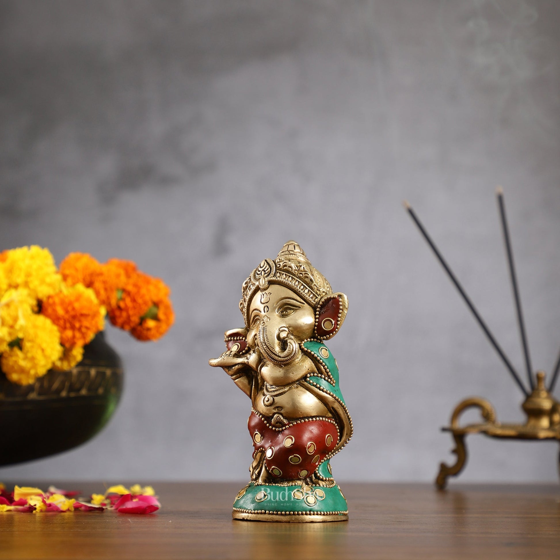 Baby Flute Ganesha Brass Idol - Perfect for Office Desk, Study Table, Temple - stonework