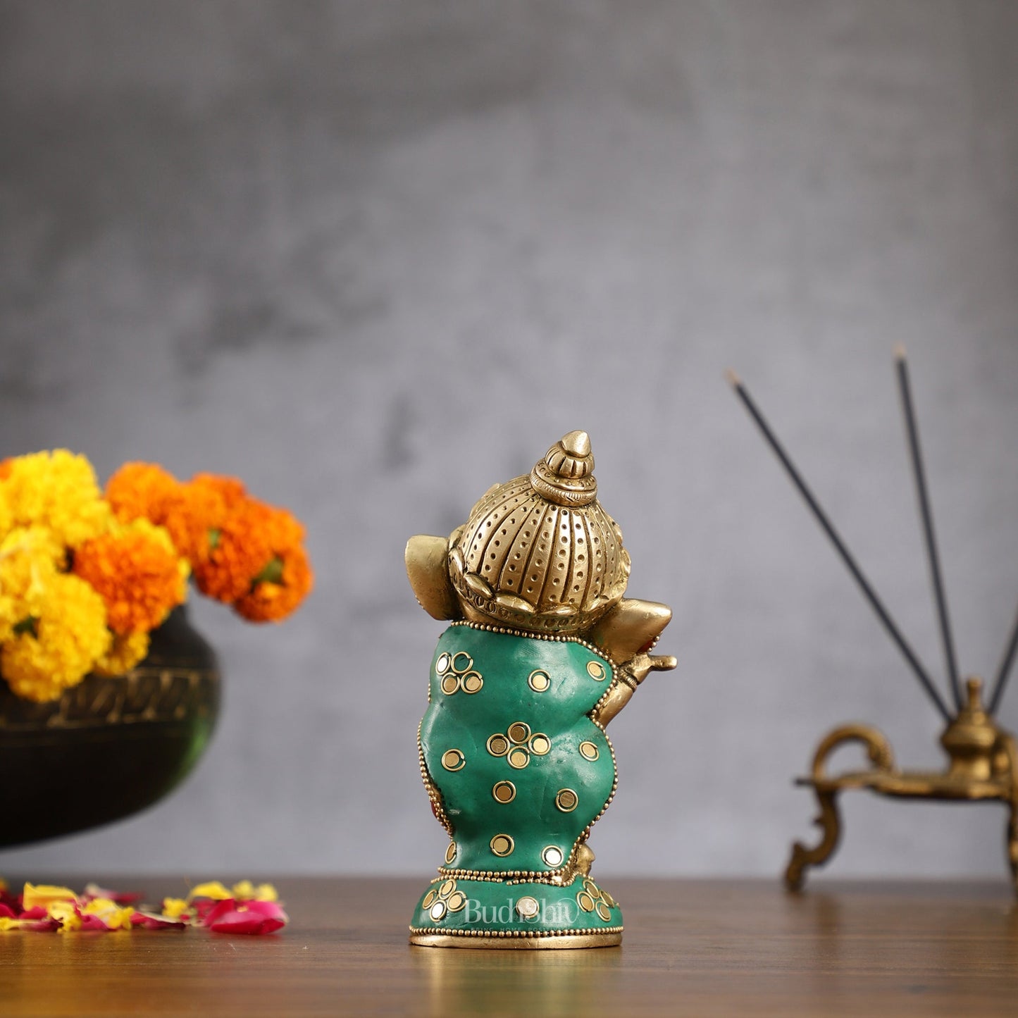 Baby Flute Ganesha Brass Idol - Perfect for Office Desk, Study Table, Temple - stonework