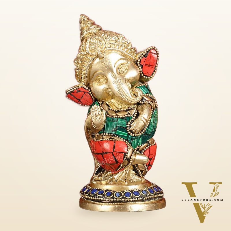Baby Ganesha Aashirwaad Brass Idol - Perfect for Office Desk, Study Table, Temple - stonework