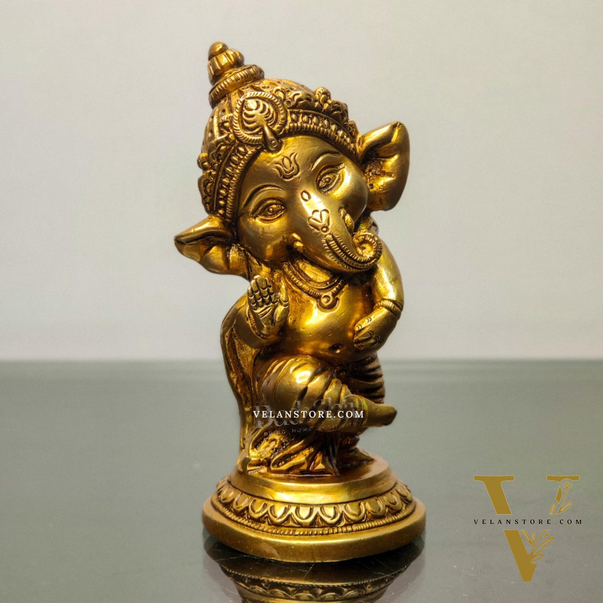 Baby Ganesha Aashirwaad Brass Idol - Perfect for Office Desk, Study Table, Temple - Golden