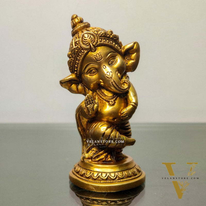 Baby Ganesha Aashirwaad Brass Idol - Perfect for Office Desk, Study Table, Temple - Golden