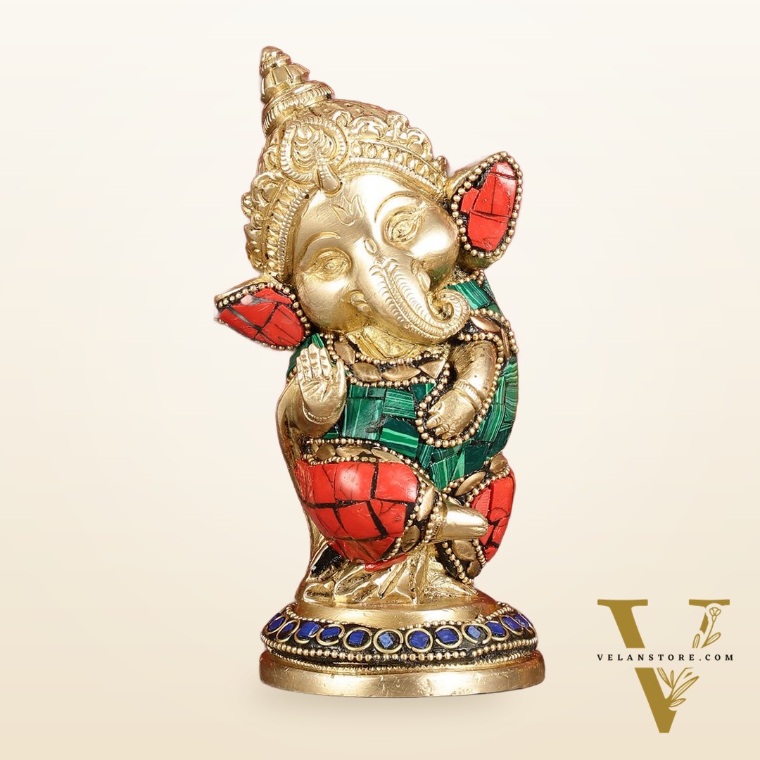 Baby Ganesha Aashirwaad Brass Idol - Perfect for Office Desk, Study Table, Temple - stonework