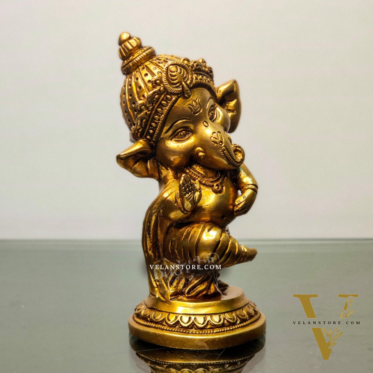 Baby Ganesha Aashirwaad Brass Idol - Perfect for Office Desk, Study Table, Temple - Golden