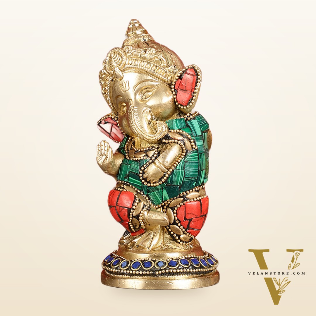 Baby Ganesha Aashirwaad Brass Idol - Perfect for Office Desk, Study Table, Temple - stonework
