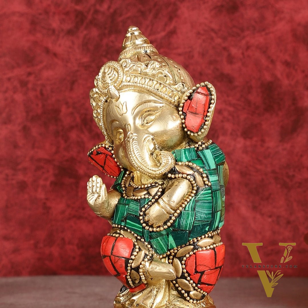 Baby Ganesha Aashirwaad Brass Idol - Perfect for Office Desk, Study Table, Temple - stonework