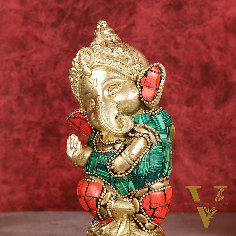 Baby Ganesha Aashirwaad Brass Idol - Perfect for Office Desk, Study Table, Temple - stonework