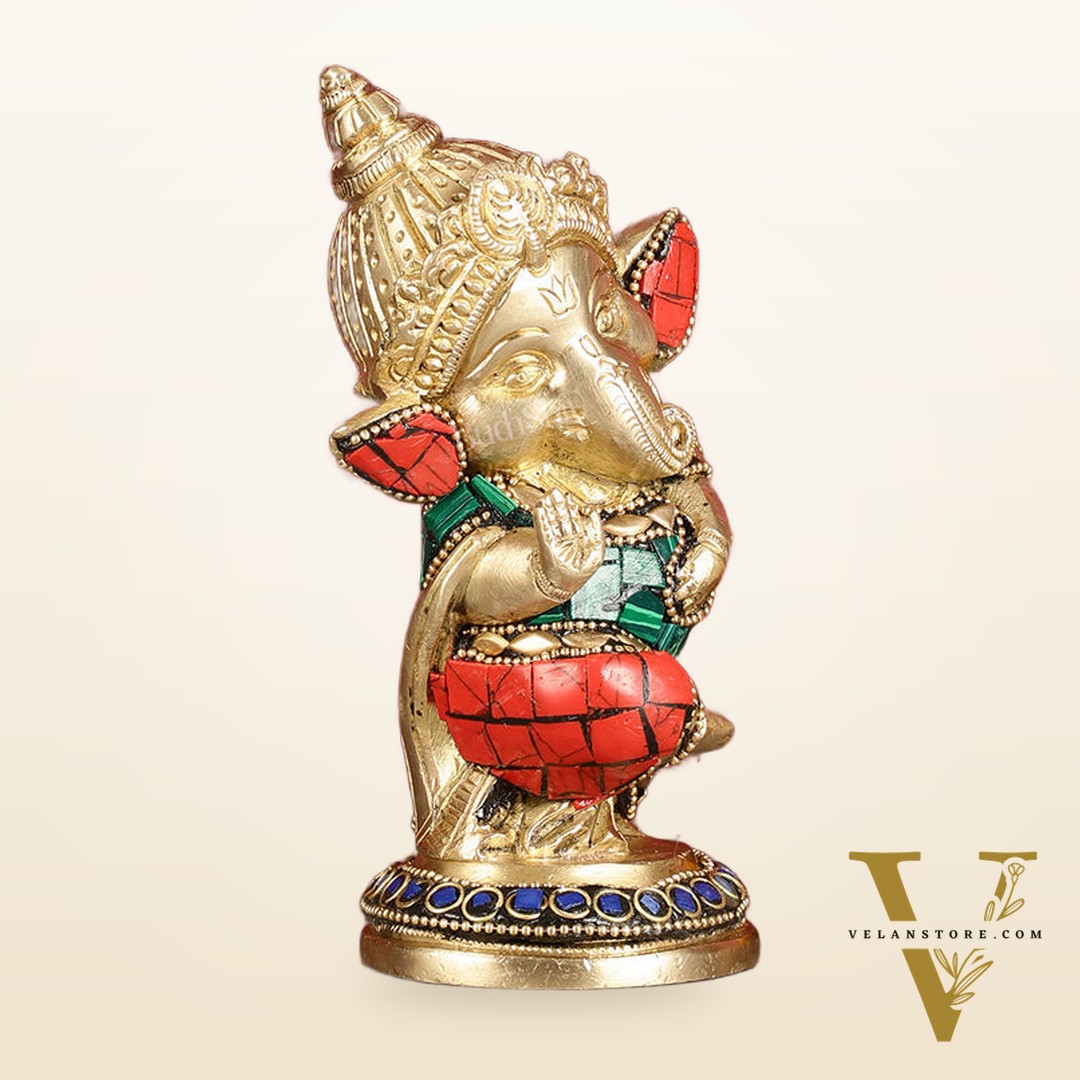 Baby Ganesha Aashirwaad Brass Idol - Perfect for Office Desk, Study Table, Temple - stonework