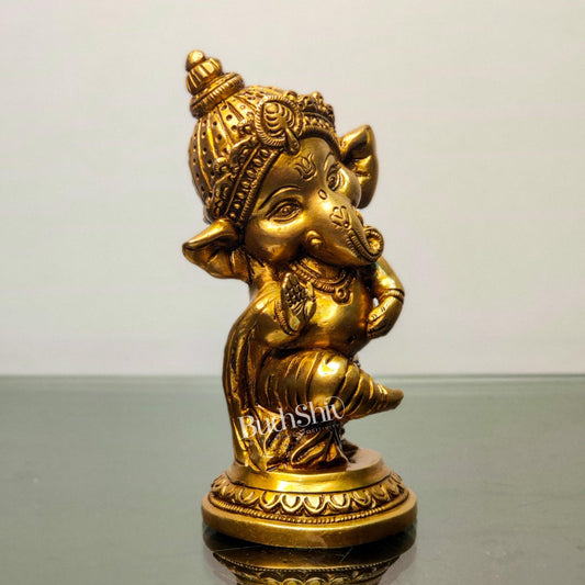 Baby Ganesha Aashirwaad Brass Idol - Perfect for Office Desk, Study Table, Temple - Golden