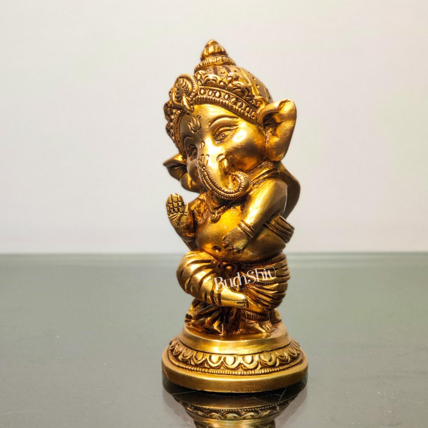 Baby Ganesha Aashirwaad Brass Idol - Perfect for Office Desk, Study Table, Temple - Golden