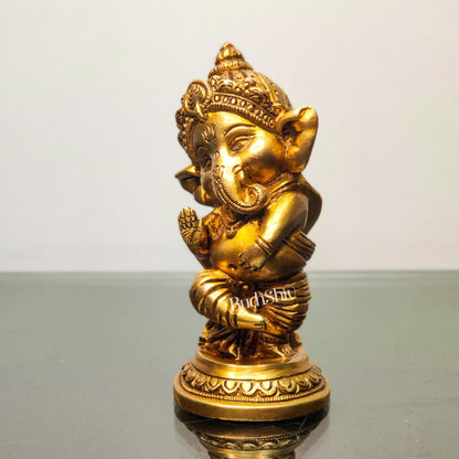 Baby Ganesha Aashirwaad Brass Idol - Perfect for Office Desk, Study Table, Temple - Golden