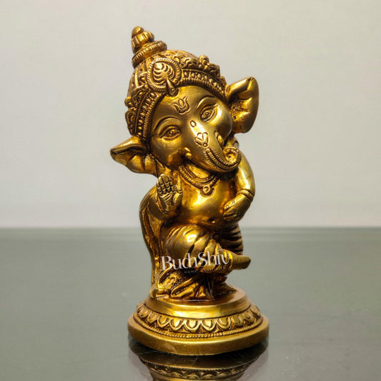 Baby Ganesha Aashirwaad Brass Idol - Perfect for Office Desk, Study Table, Temple - Golden