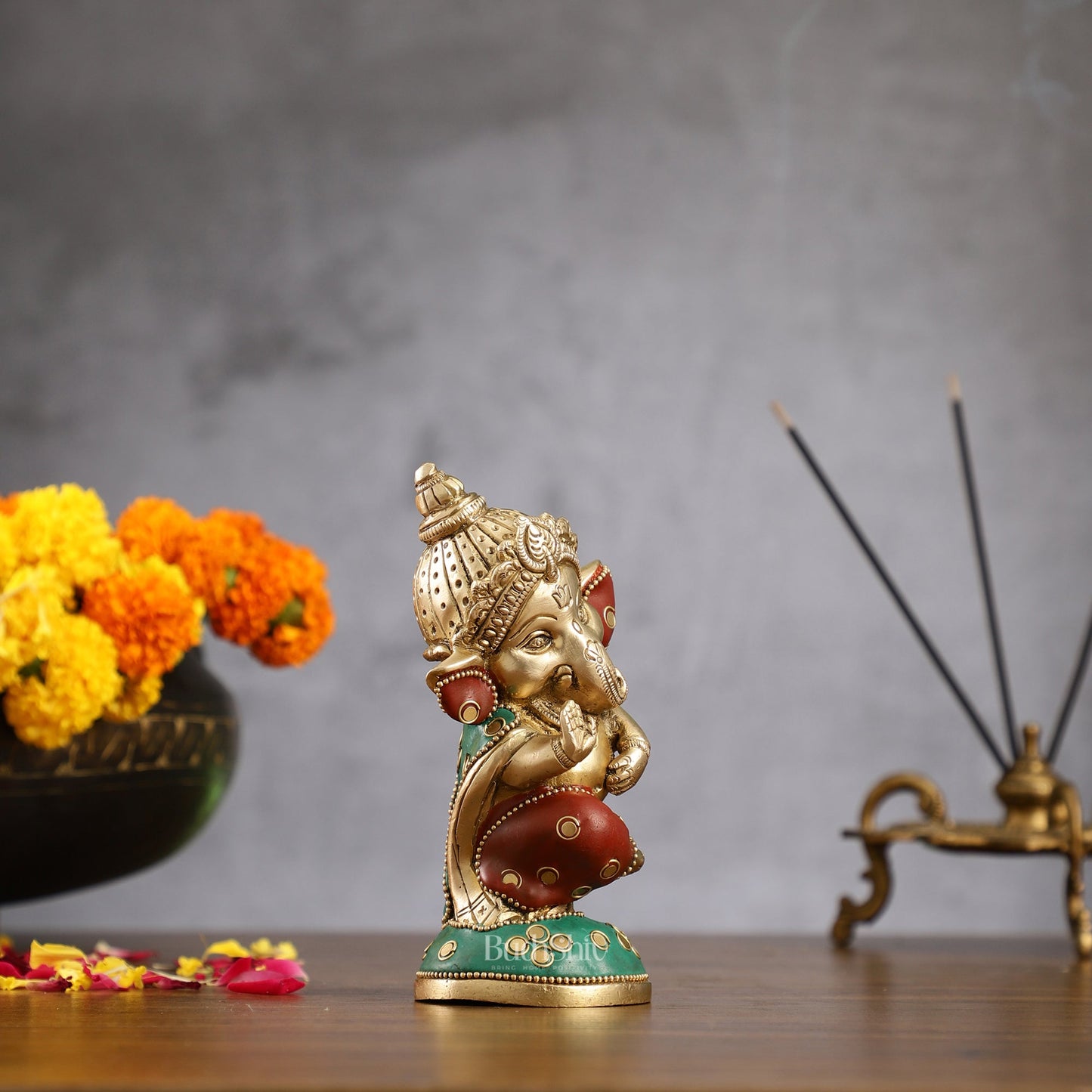 Baby Ganesha Aashirwaad Brass Idol - Perfect for Office Desk, Study Table, Temple - stonework