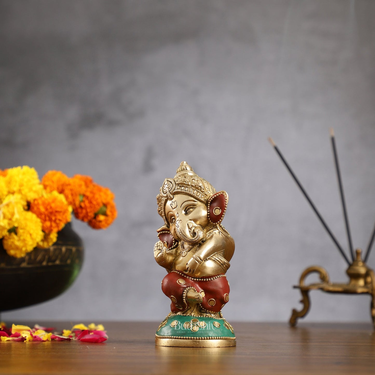 Baby Ganesha Aashirwaad Brass Idol - Perfect for Office Desk, Study Table, Temple - stonework