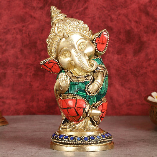Baby Ganesha Aashirwaad Brass Idol - Perfect for Office Desk, Study Table, Temple - stonework