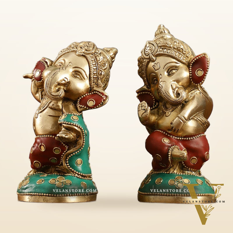 Baby Ganesha Brass Idols pair 5 " Stonework