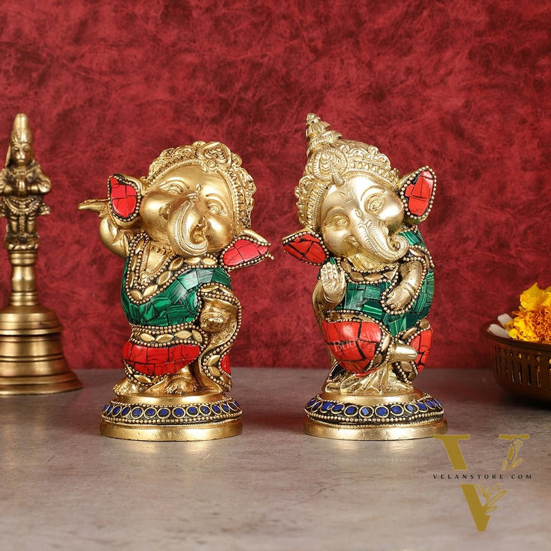 Baby Ganesha Brass Idols pair 5 " Stonework