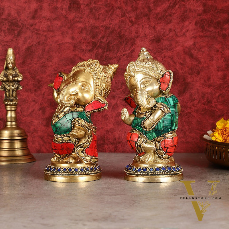 Baby Ganesha Brass Idols pair 5 " Stonework