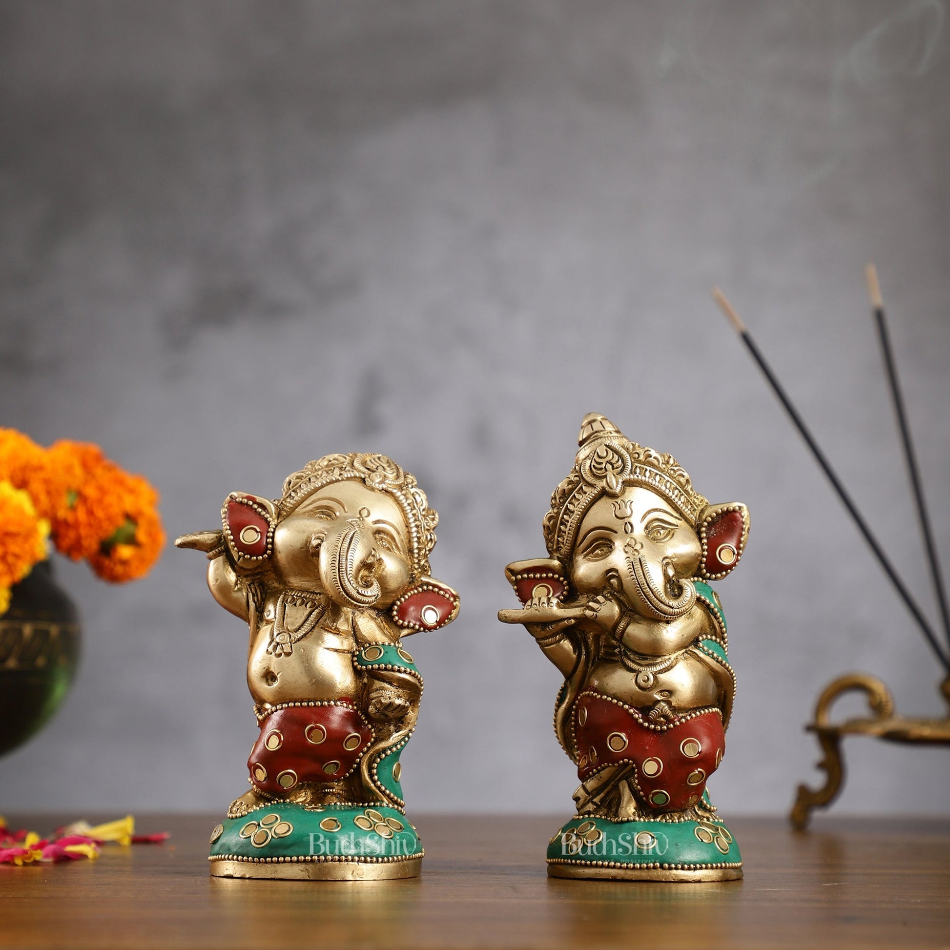 Baby Ganesha Brass Idols pair 5 " Stonework