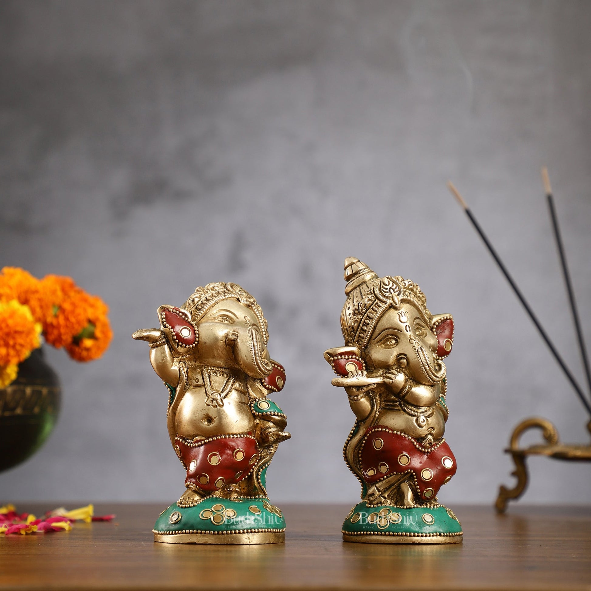 Baby Ganesha Brass Idols pair 5 " Stonework