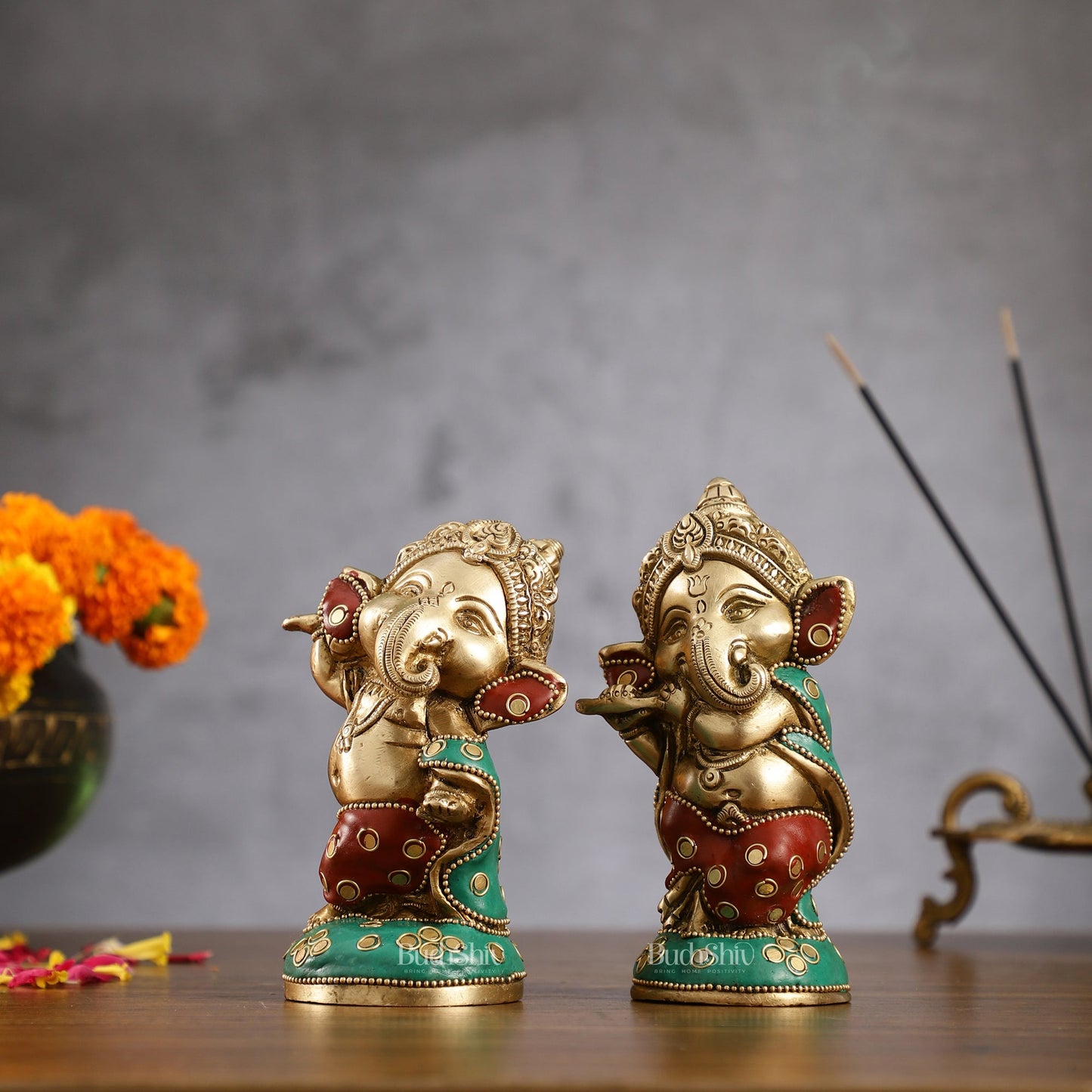 Baby Ganesha Brass Idols pair 5 " Stonework
