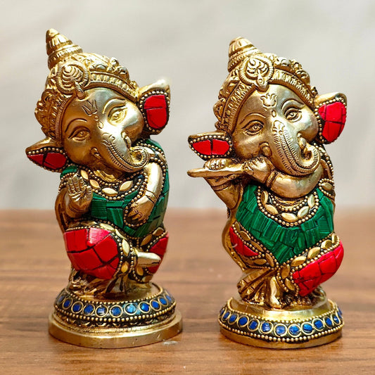 Baby Ganesha Brass Idols pair 5 " Stonework