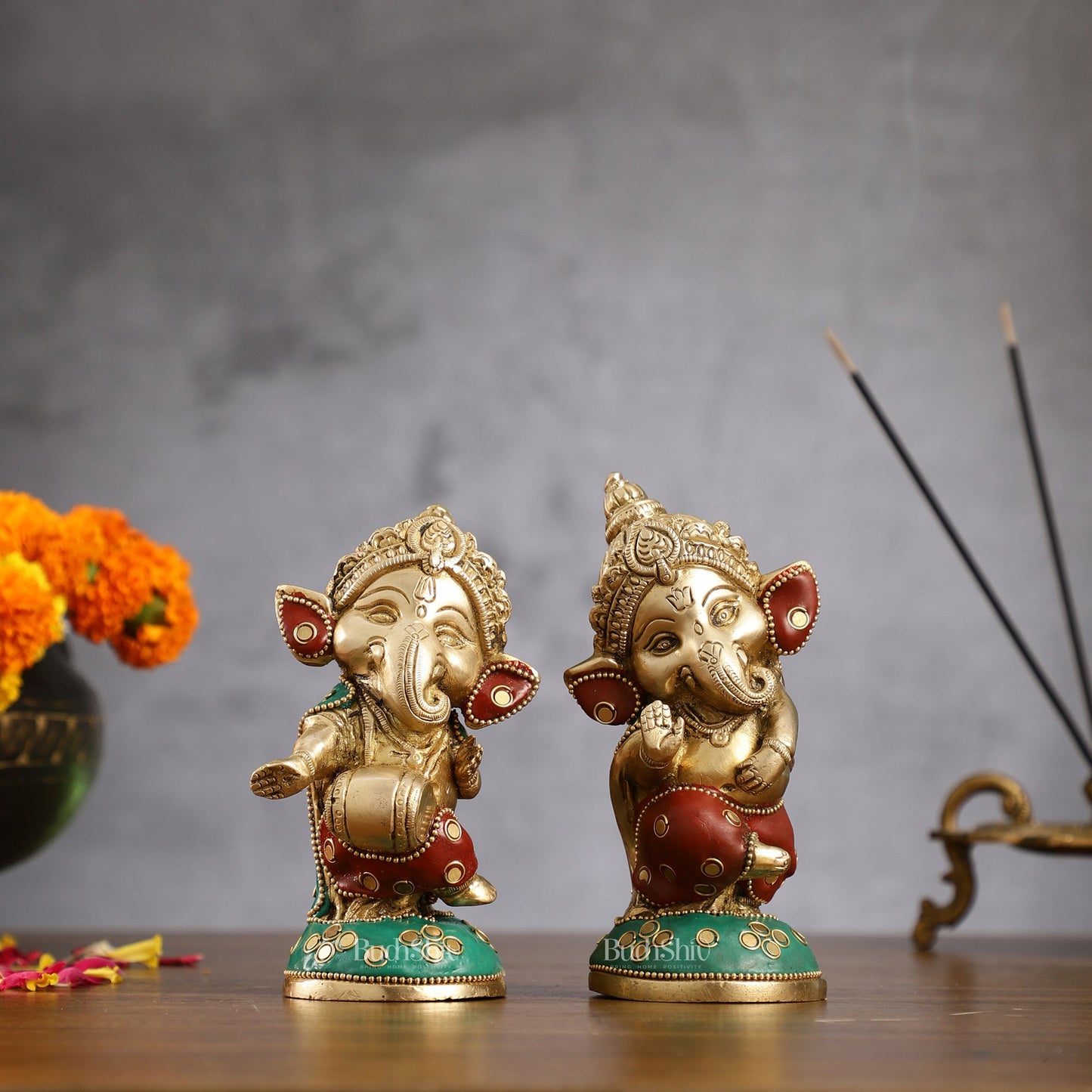 Baby Ganesha Brass Idols pair 5 " Stonework
