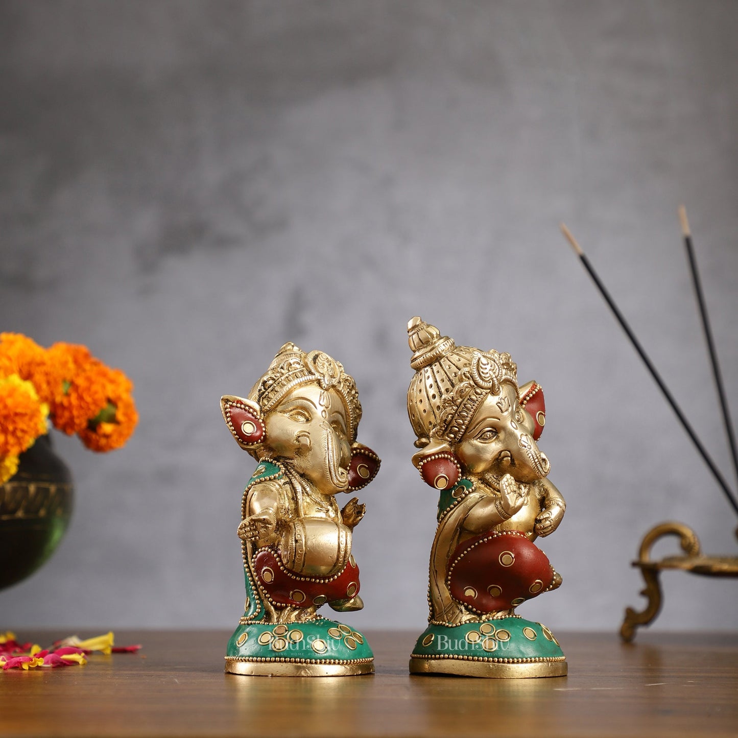 Baby Ganesha Brass Idols pair 5 " Stonework