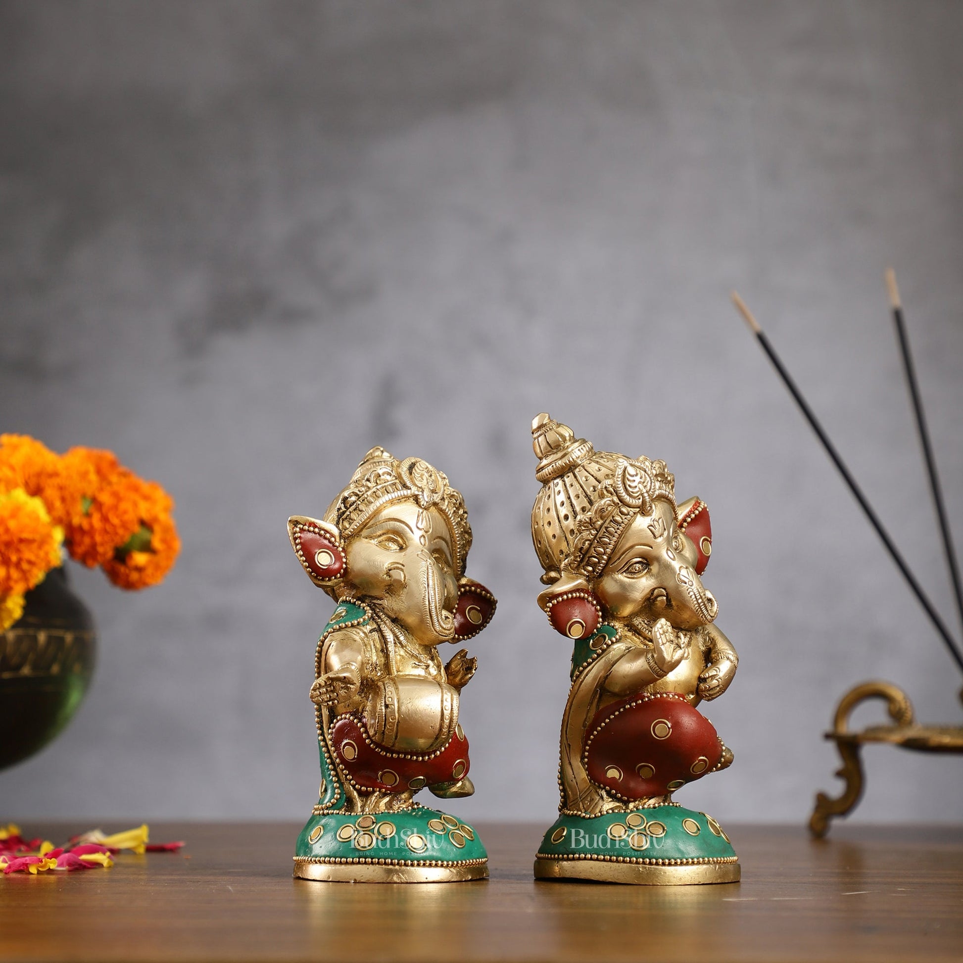 Baby Ganesha Brass Idols pair 5 " Stonework