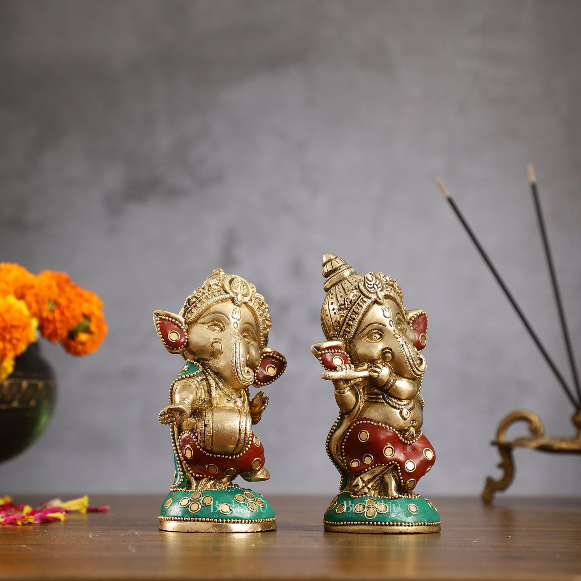 Baby Ganesha Brass Idols pair 5 " Stonework