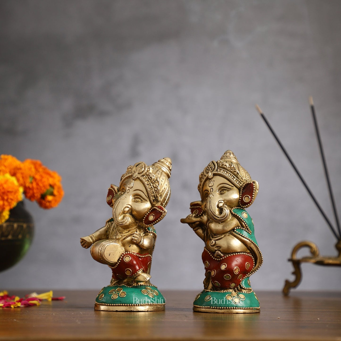 Baby Ganesha Brass Idols pair 5 " Stonework