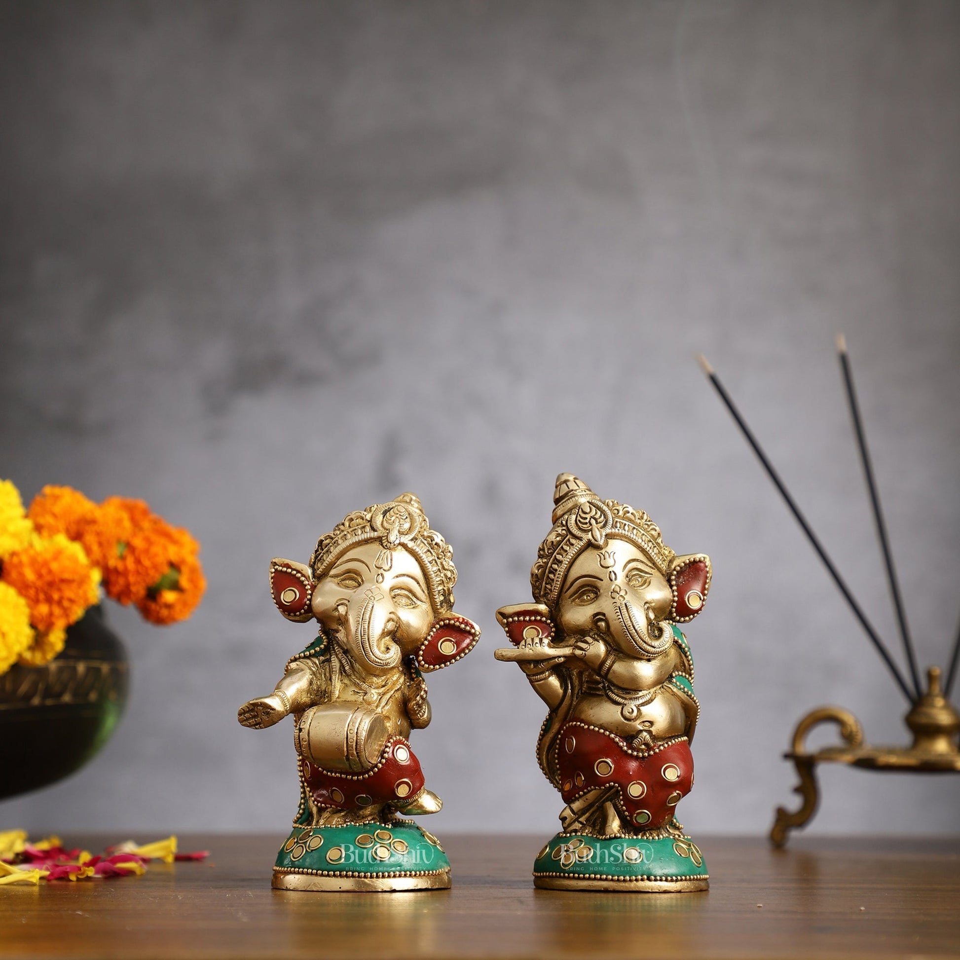 Baby Ganesha Brass Idols pair 5 " Stonework