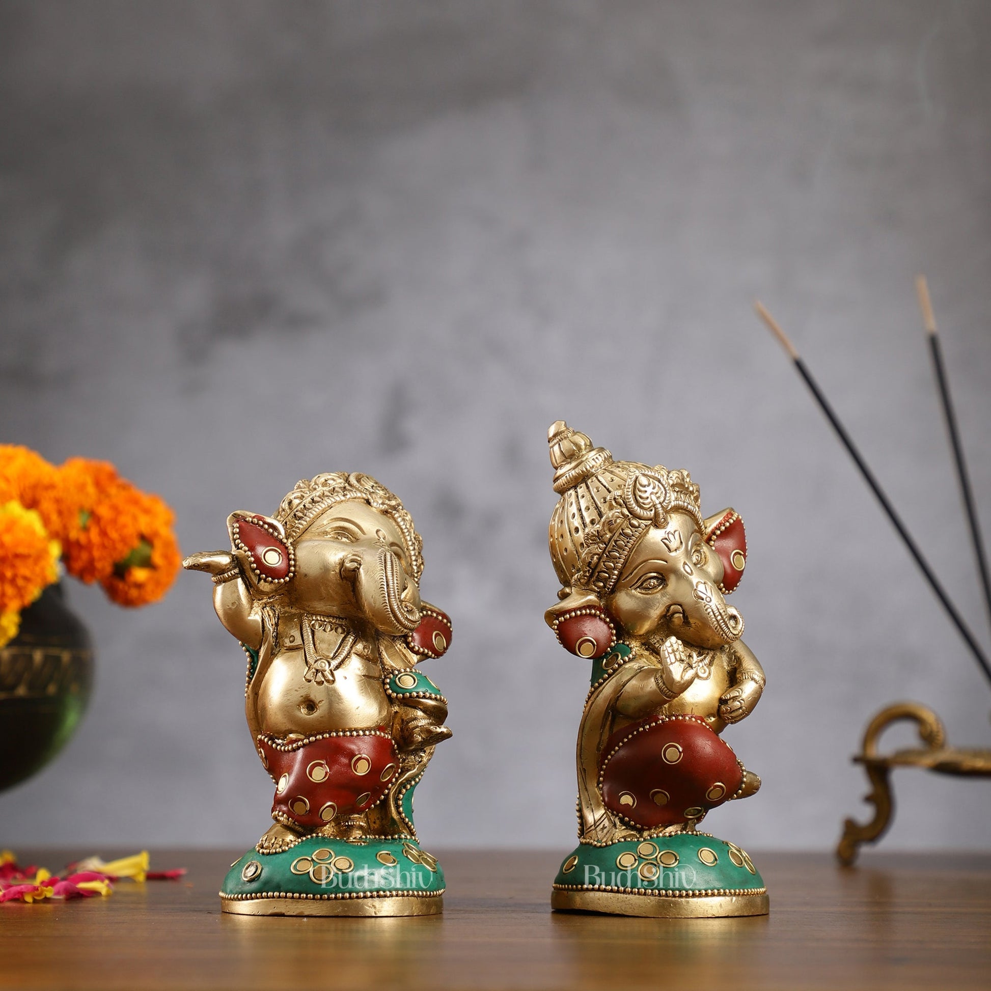 Baby Ganesha Brass Idols pair 5 " Stonework