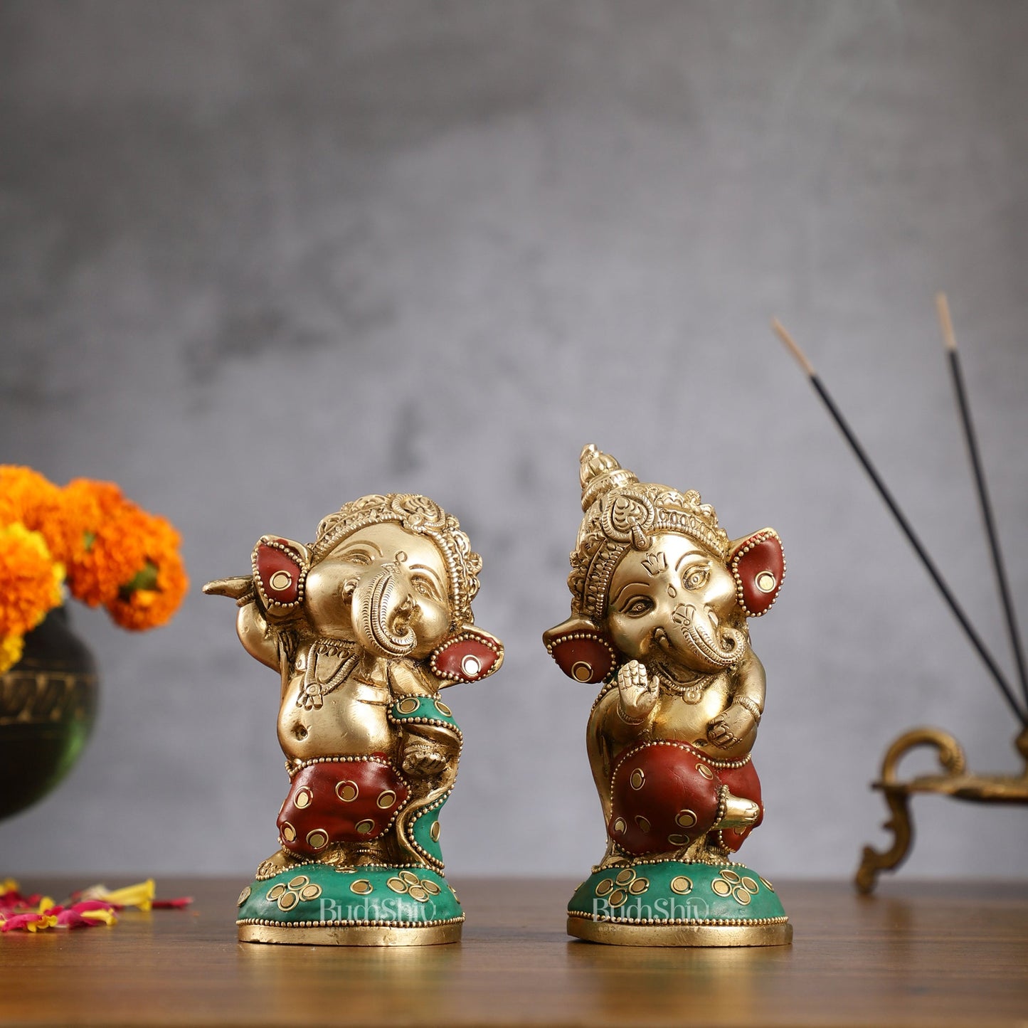 Baby Ganesha Brass Idols pair 5 " Stonework